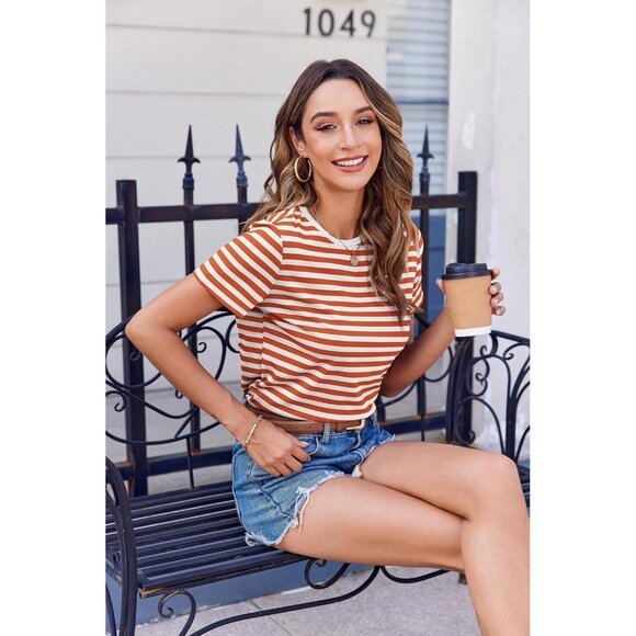 Zeagoo Womens Orange White Short Sleeve Striped Basic Crew Neck Casual T Shirts - Picture 5 of 7